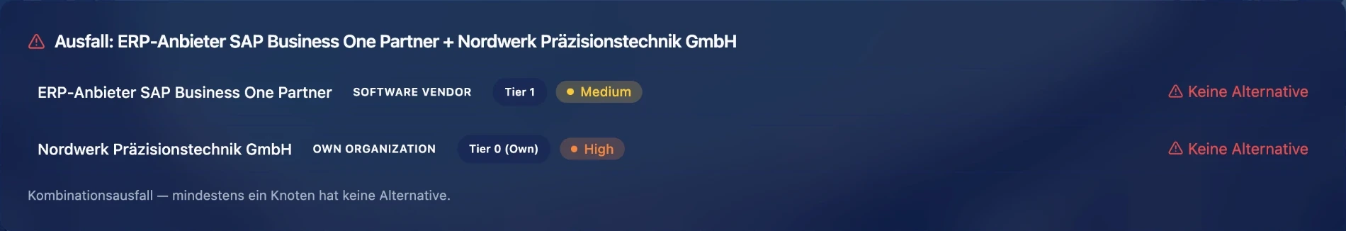 Ausfallbeschreibung für beide Knoten mit Typ, Tier, Risikostufe und dem Hinweis „Keine Alternative“.