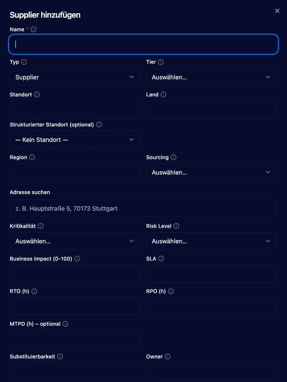 Erfassungsmaske für einen Zulieferer mit Feldern wie Typ, Tier, Standort, Sourcing, Kritikalität, RTO und RPO.