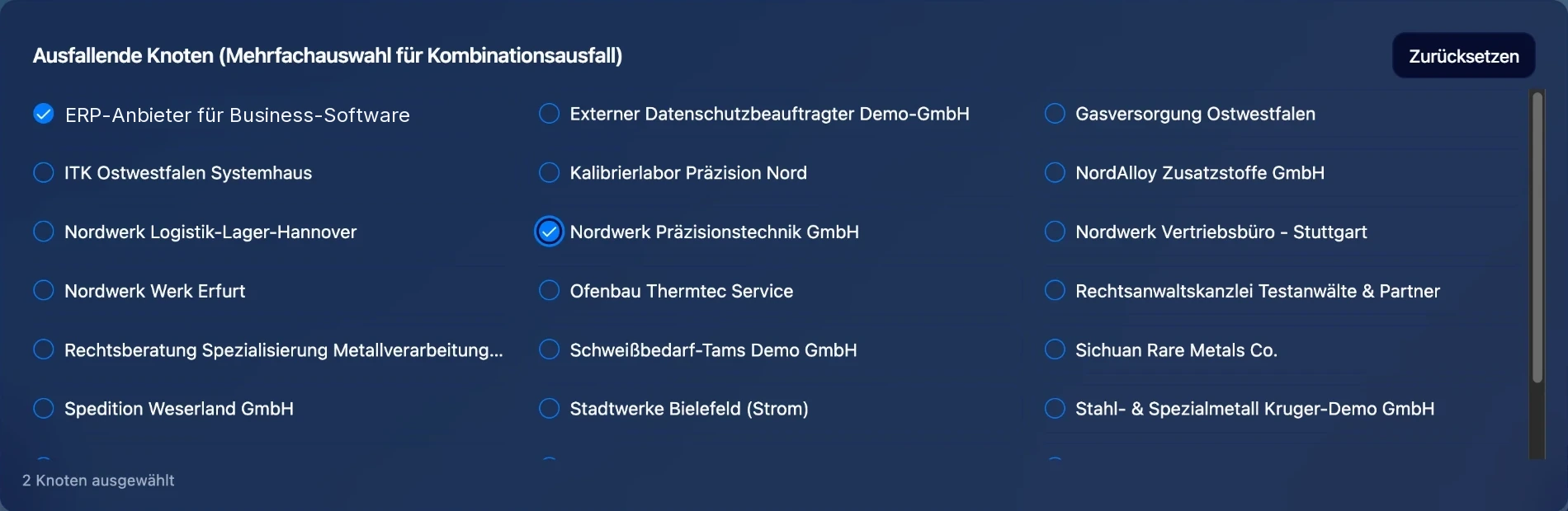 Auswahl ausfallender Knoten: ERP-Anbieter für Business-Software und Nordwerk Präzisionstechnik GmbH sind ausgewählt, 2 Knoten ausgewählt.