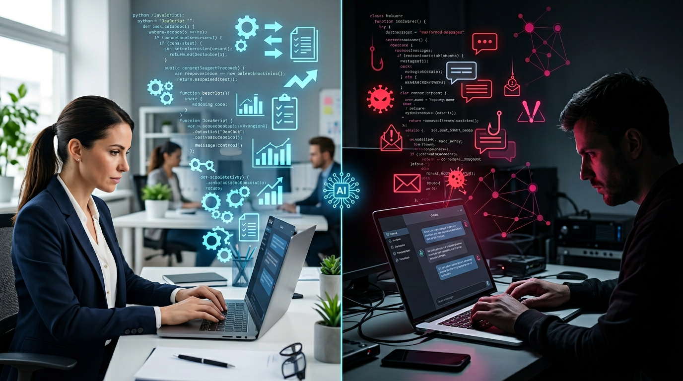 Geteilte Darstellung eines Büroarbeitsplatzes und einer dunklen Szene mit Code auf mehreren Bildschirmen.